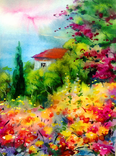 istock Watercolor colorful bright textured abstract background handmade . Mediterranean landscape . Garden . Painting of architecture and vegetation of the sea coast 1360035658