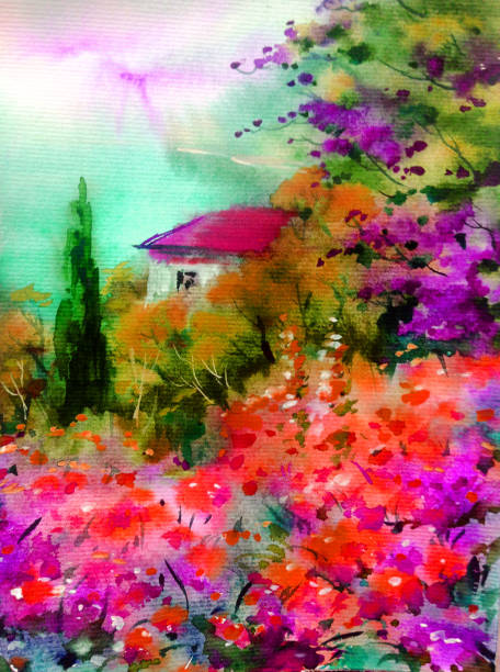 istock Watercolor colorful bright textured abstract background handmade . Mediterranean landscape . Garden . Painting of architecture and vegetation of the sea coast 1360035678