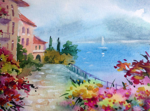 istock Watercolor colorful bright textured abstract background handmade . Mediterranean landscape . Garden . Painting of architecture and vegetation of the sea coast 1360035766