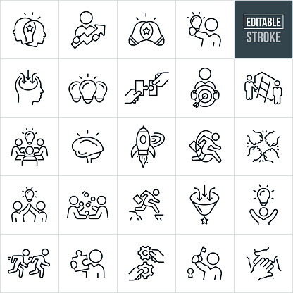 A set of creativity and innovation icons that include editable strokes or outlines using the EPS vector file. The icons include two heads put together to represent brainstorming, business person holding an upwards arrow, two lightbulbs combined to create a solution, businessman holding up lightbulb, knowledge being inserted into human head, light bulbs lit, jigsaw puzzle pieces being put together, business person holding a target with an arrow in the bulls-eye, ladder over a wall or obstacle, business people working together on solutions, human brain, rocket ship blasting off, business person jumping through hoops, fist bump, huddle, two people juggling, businessman jumping over cliff gap, relay race with baton, hands holding cogs together, business person holding key to lock and other related icons.