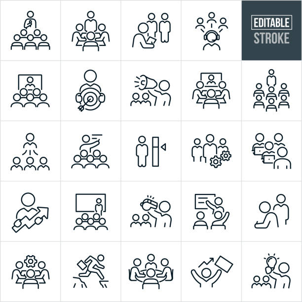 Business Training Thin Line Icons - Editable Stroke A set of business training icons that include editable strokes or outlines using the EPS vector file. The icons include business training, a manager speaking to a group of co-workers, business person giving training to co-workers in boardroom, human resources manager evaluating performance of employees, business person with headset training employees, web conference with business people, business person holding target with arrow in bulls-eye, manager using bullhorn to shout orders to workers, webinar in a conference room, business manager giving presentation to employees, skill set measurement of a worker, business team with cogs, instructor training group of students on laptops, business person holding and upward pointing arrow, business manager presenting at business conference, business person with whistle and co-workers in background, business person taking a training exam, businessman jumping cliff gap and a business man holding up a light bulb to name a few. professor business classroom computer stock illustrations