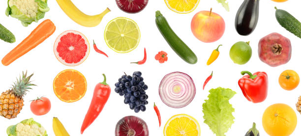 istock Beautiful eamless pattern from fresh healthy fruits and vegetables isolated on white 1360037807