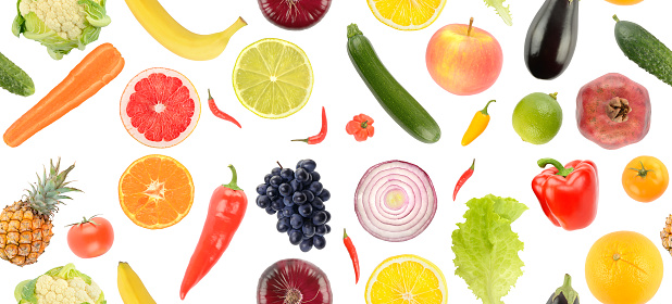 Beautiful eamless pattern from fresh healthy fruits and vegetables isolated on white background.