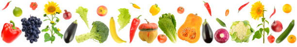 istock Vegetables and fruits in one line isolated on white 1360037839