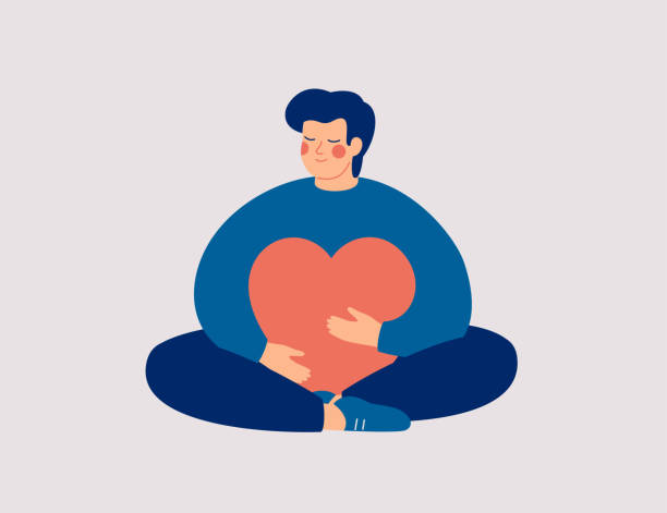 Young man embraces a big red heart with mindfulness and love. Smiling boy sits in lotus pose with closed eyes and enjoys his freedom and life. Young man embraces a big red heart with mindfulness and love. Smiling boy sits in lotus pose with closed eyes and enjoys his freedom and life. Body positive and mental health concept. wellness stock illustrations