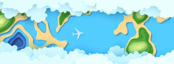 Vector illustration of Top view cloudy landscape in paper cut style. Aerial view 3d background with airliner sea forest and island. Vector papercut illustration of creative concept idea environment conservation and nature