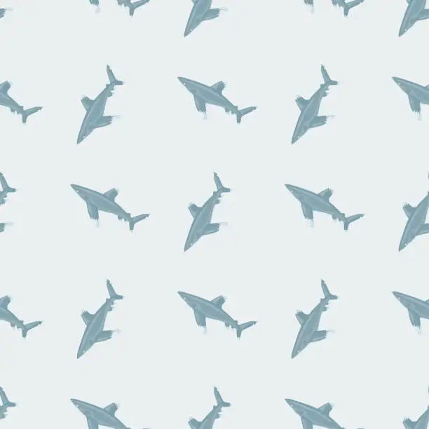Vector illustration of Oceanic whitetip shark seamless pattern in scandinavian style. Marine animals background. Vector illustration for children funny textile.