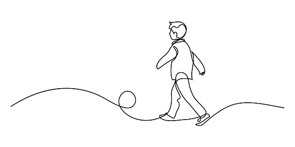 Boy kicking a ball in continuous line art drawing style. Elementary age boy playing football black linear sketch isolated on white background. Vector illustration