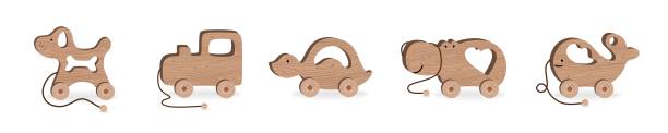 Children's toys for Children's Games and Entertainment set Wooden Hedgehog machine Hippo Whale Submarine Turtle Vector Illustration Children's toys for Children's Games and Entertainment set Wooden Hedgehog machine Hippo Whale Submarine Turtle Vector Illustration on white background wood turtle stock illustrations