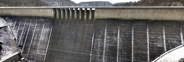 Panorama of dam wall of a reservoir from land side, stitched high resolution