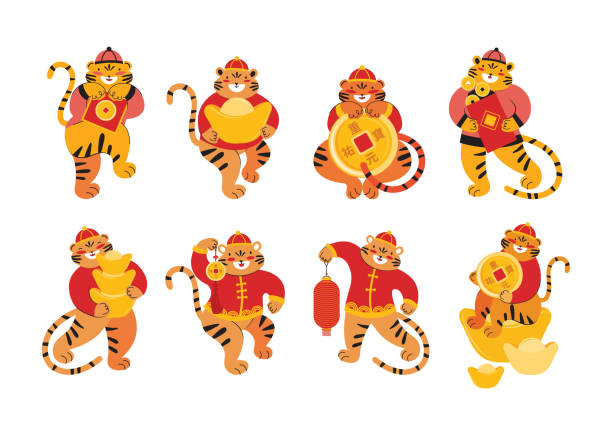 ilustraciones, imágenes clip art, dibujos animados e iconos de stock de año nuevo chino del tigre 2022. tigres con ropa tradicional con monedas de oro chinas, lingote, angpao, sobre rojo para dinero, linterna de papel. símbolo del signo zodiacal oriental. ilustración vectorial - feng