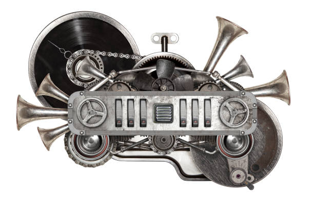 Stylized steampunk collage of vinyl record turntable