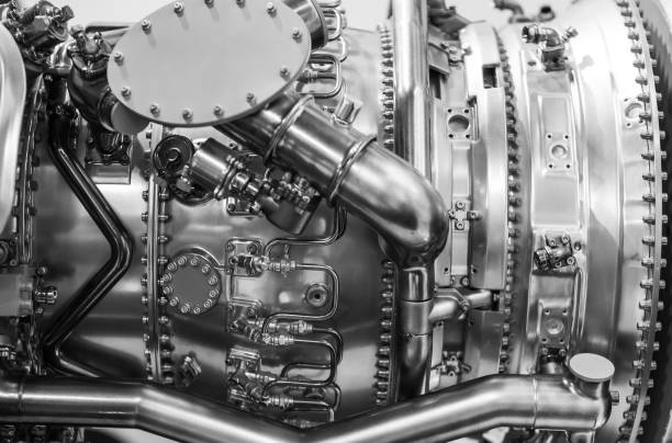 istock plane turbine engine mechanism closeup. working section 1360052087