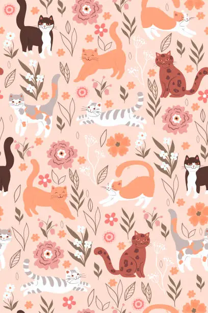 Vector illustration of Seamless pattern with cute cats and flowers. Vector graphics.