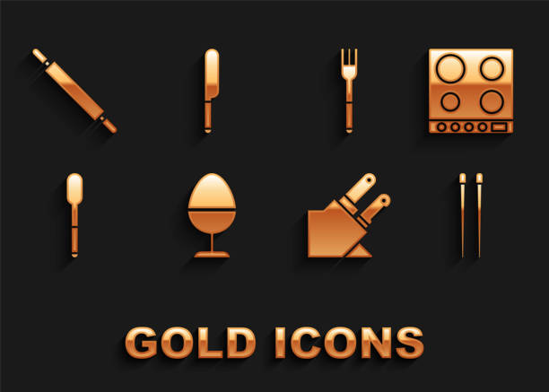 set chicken egg on a stand, gas stove, food chopsticks, knife, spoon, fork, rolling pin and icon. vector - rolling fork 幅插畫檔、美工圖案、卡通及圖標