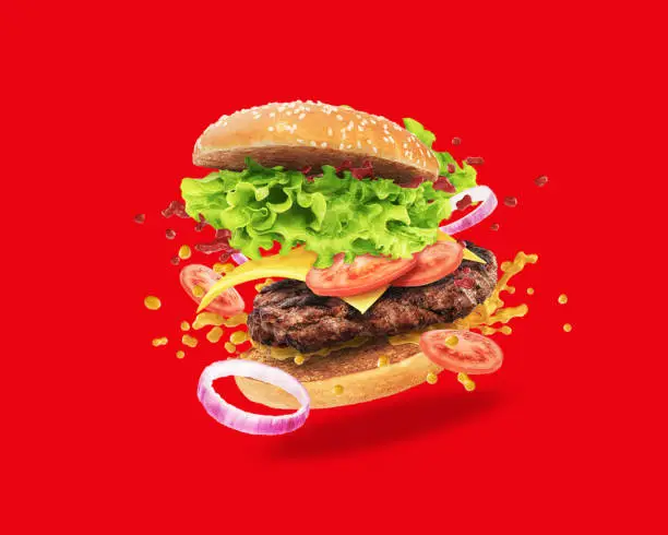 flying burger on red background