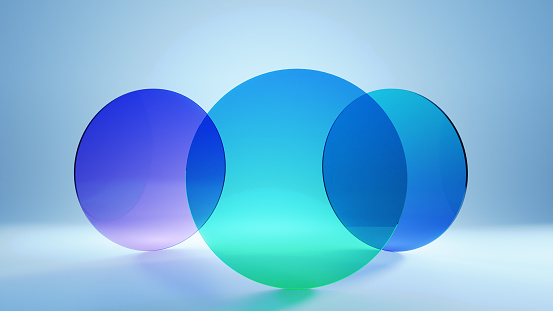 3d rendering of abstract geometric translucent glass circles background with colorful