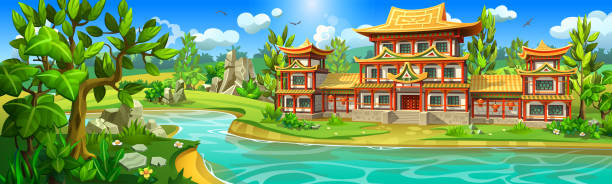 azjatycki starożytny pałac z wieżami nad brzegiem malowniczej rzeki. - castle fairy tale palace forest stock illustrations