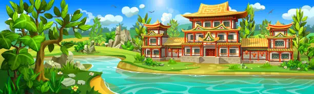 Vector illustration of Asian ancient palace with towers on the banks of a picturesque river.