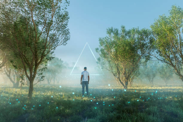 istock Surreal abstract passage with man standing in fantasy landscape 1360059454