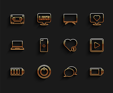 Set line Battery charge level indicator, Power button, Retro audio cassette tape, Speech bubble chat, Smartphone, mobile phone, Play square and Like and heart icon. Vector