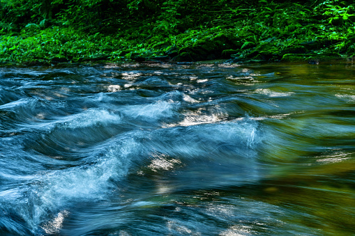 Fast flowing blue water stream on green river bank, blurred in motion.