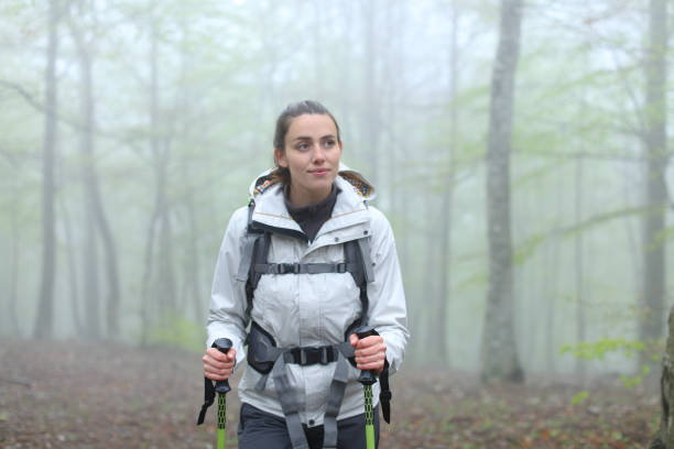 istock Trekker woman walking in a forest in winter 1360063178