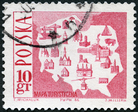 Postage stamp printed in Poland shows Map Showing Tourist Attractions, Tourism, circa 1966