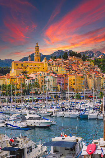 The ocher city of Menton and its marina on the rivera in France. High quality photo