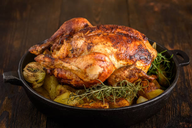 Roasted chicken with potatoes and onions