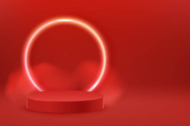 istock Red podium with glowing round frame. Glowing lighting and smoke loops. Mock up scene of geometry shape platform 1360067621