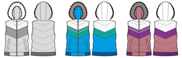 Vector illustration of Set od womans down vest, puffer waistcoat