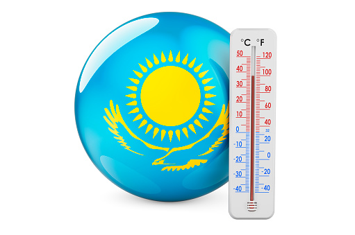 Thermometer with Kazakh flag. Heat in Kazakhstan concept. 3D rendering isolated on white background
