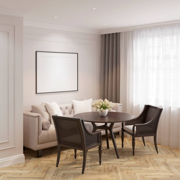 istock Light modern classic dining room with a blank horizontal poster over a sofa with pillows, tulips in a vase on a round wooden table, wooden chairs, curtains near the window, parquet floor. 1360072424