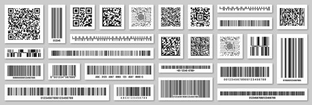 illustrazioni stock, clip art, cartoni animati e icone di tendenza di set di codici a barre e codici qr del prodotto. codice di tracciamento di identificazione. numero di serie, id prodotto con informazioni digitali. etichette di scansione del negozio o del supermercato, cartellino del prezzo. illustrazione vettoriale - codice a barre