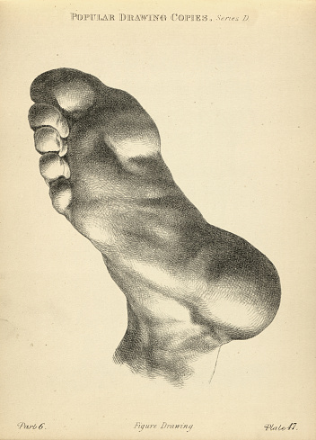 Vintage illustration of Sketching sole and heel of the foot, Victorian art figure drawing copies 19th Century