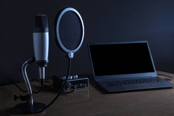 istock Condenser microphone and laptop. Podcast concept. 1360075222