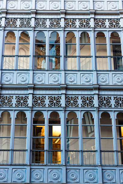 Beutifully decorated blue facade of an old in building in Spain.