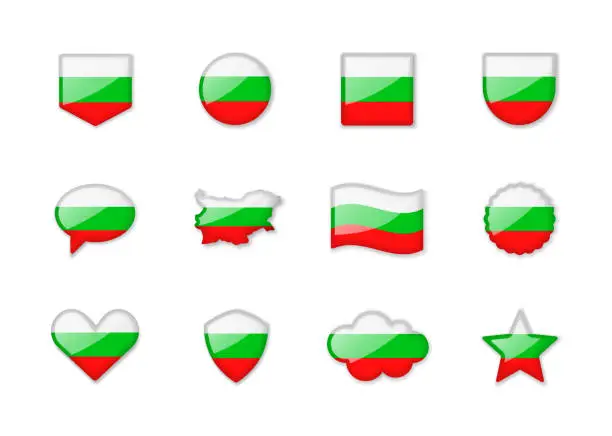 Vector illustration of Bulgaria - set of shiny flags of different shapes.