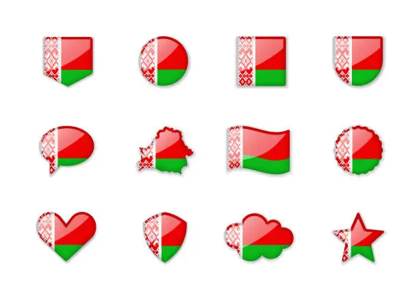 Vector illustration of Belarus - set of shiny flags of different shapes.