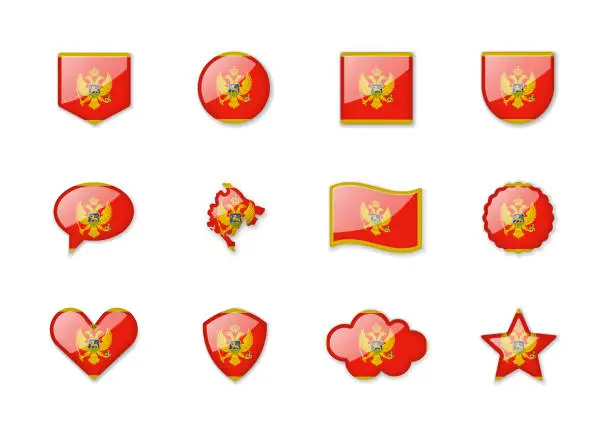 Vector illustration of Montenegro - set of shiny flags of different shapes.