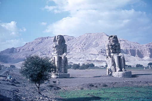 Luxor, Egypt, 1969. The two Colossi of Memnon in Luxor West.