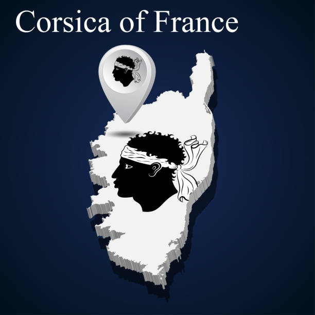 illustrazioni stock, clip art, cartoni animati e icone di tendenza di bandiera della corsica di francia sulla mappa su sfondo scuro. - ajaccio