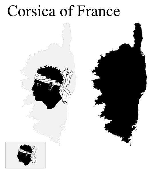 illustrations, cliparts, dessins animés et icônes de ensemble de cartes de la corse de france. drapeau sur la carte. silhouette de la carte. - ajaccio