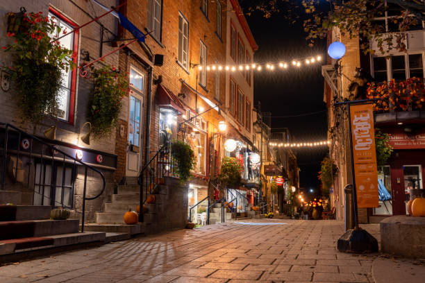 Night view of the Quartier du Petit Champlain in autumn. A small commercial zone in Quebec City. stock photo