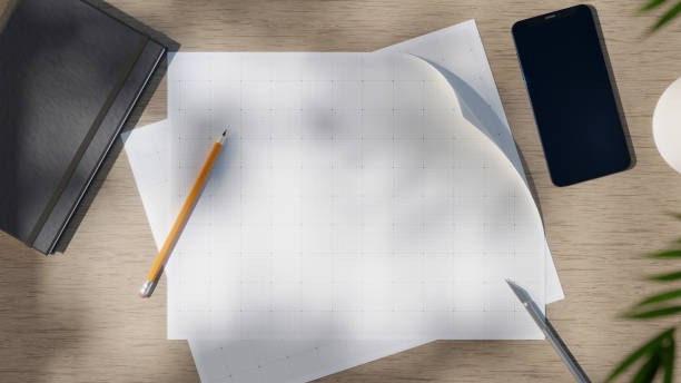 3D Render of Graph Paper and Pencil on Desk Top Down Phone stock photo