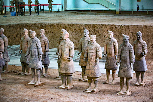 May 31, 2021 - Xian, China  terracotta warriors being preserved and stabilised by archeologists and other specialists