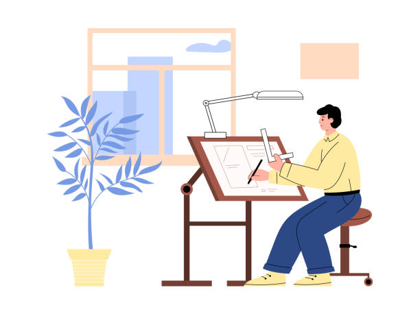 Architect man in the office draws blueprint for building project, flat vector illustration. Architect man in the office draws blueprint for building project, flat vector illustration. Architectural work process concept. Engineer employee develops plan. drawing board stock illustrations