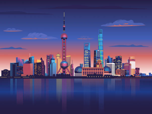 nigh city wallpaper - shanghai finance skyline backgrounds stock-grafiken, -clipart, -cartoons und -symbole