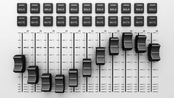 console mixer audio studio, pannello scheda con fader e manopole di regolazione. equalizzatore digitale. mixer audio di controllo del volume. - electric mixer sound mixer mixing playing foto e immagini stock